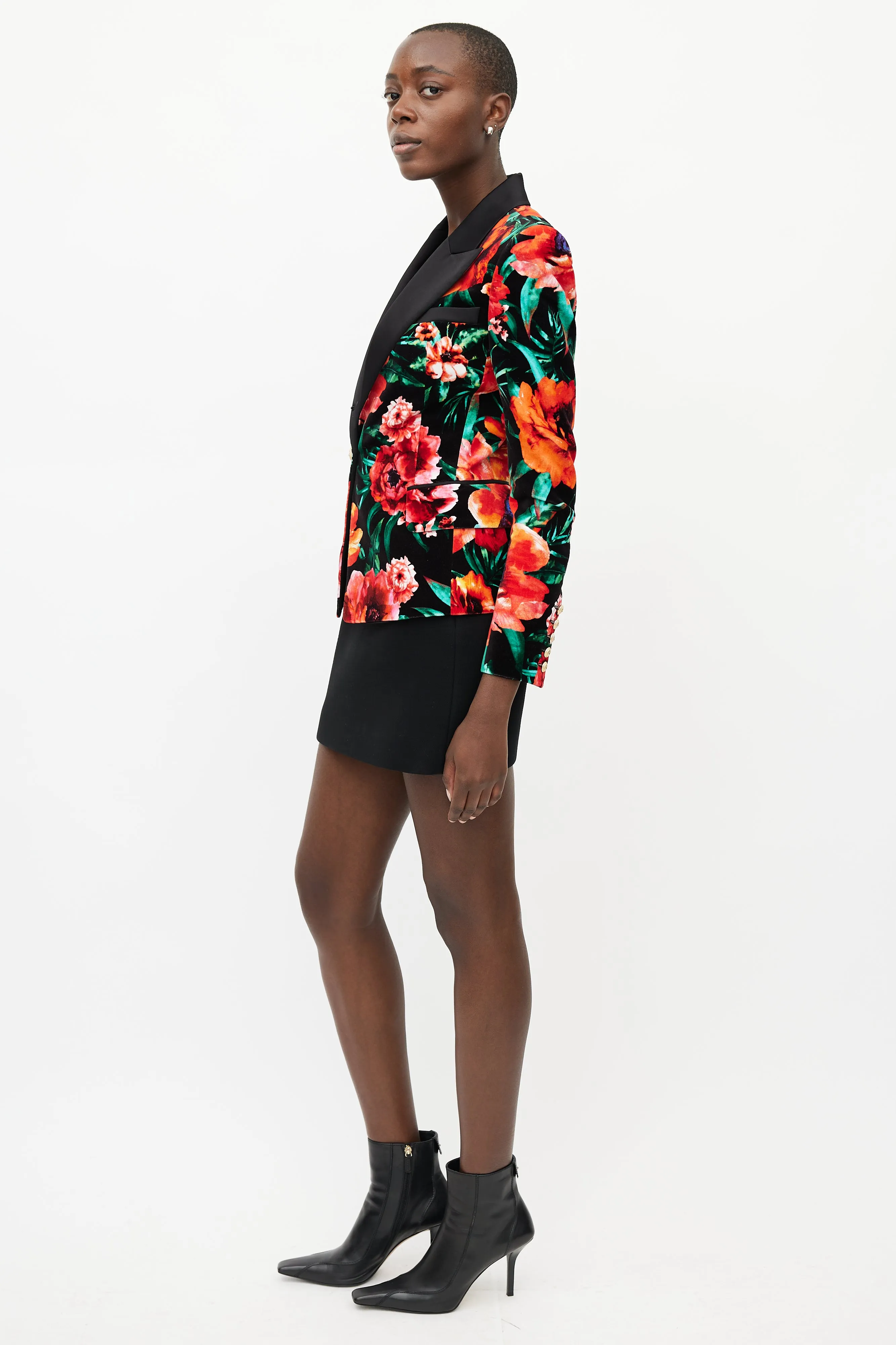 Black & Multicolour Floral Velvet Blazer