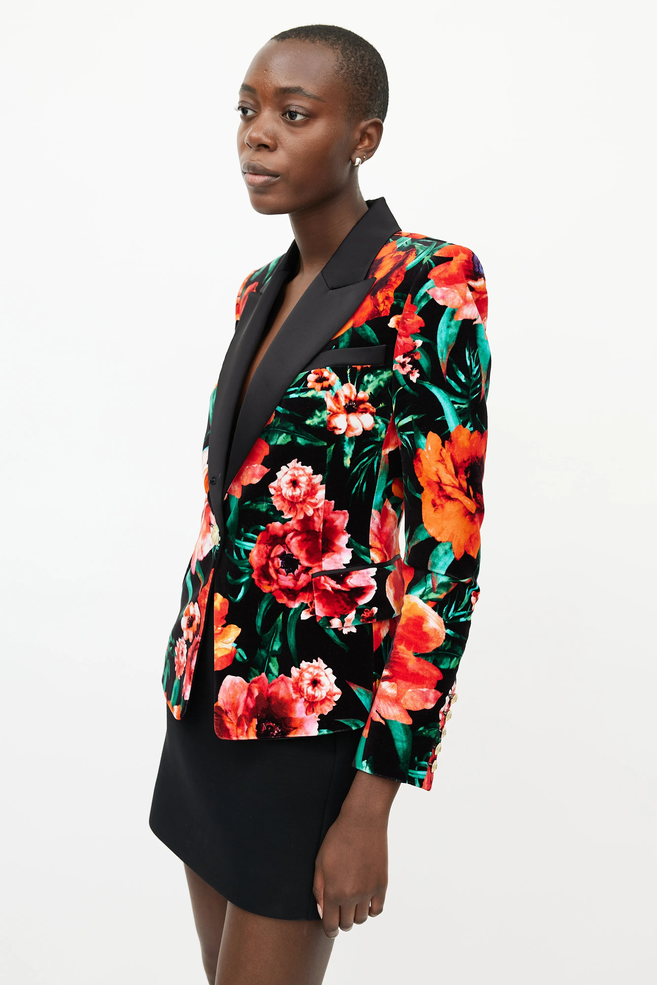 Black & Multicolour Floral Velvet Blazer
