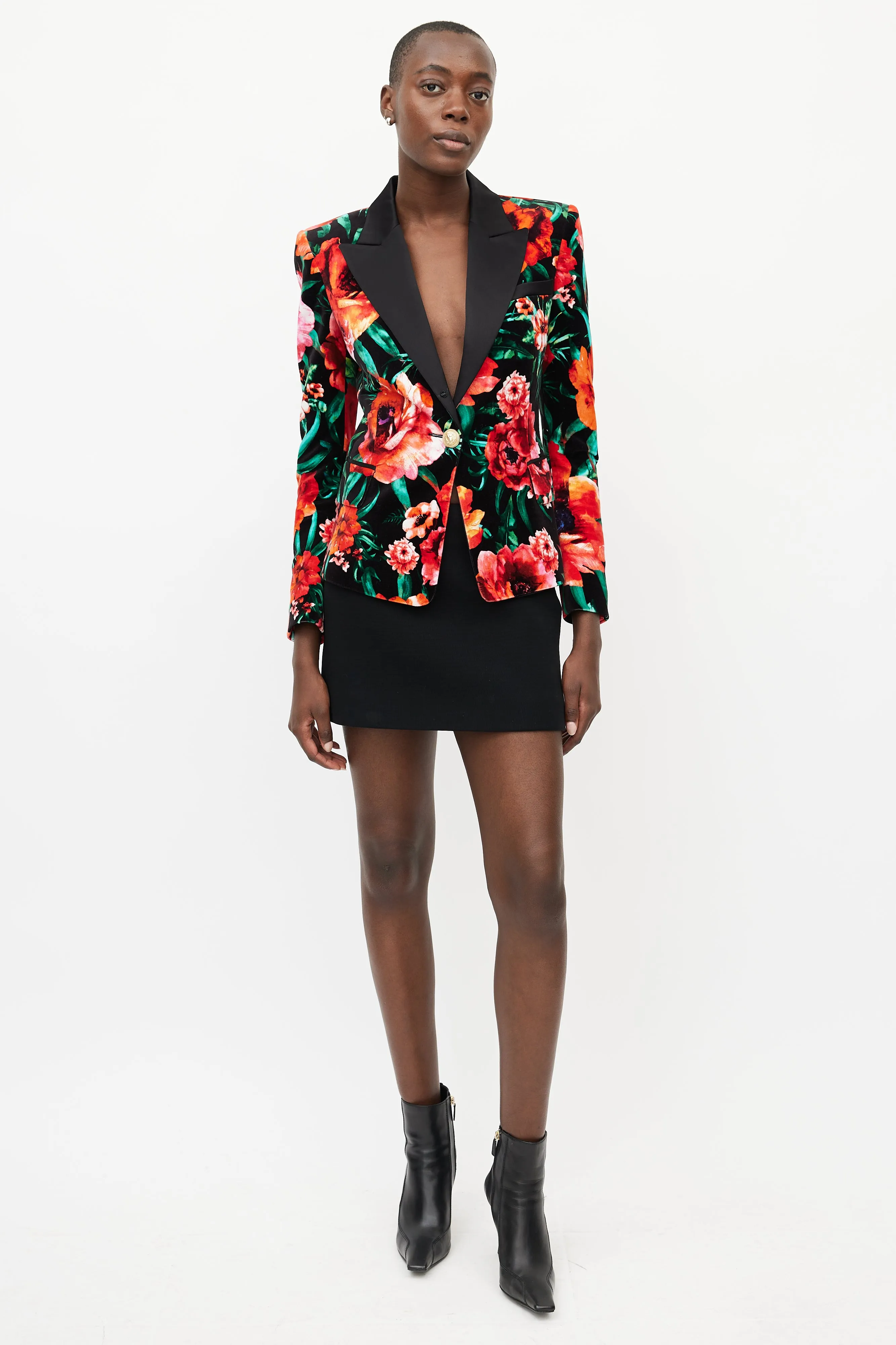 Black & Multicolour Floral Velvet Blazer