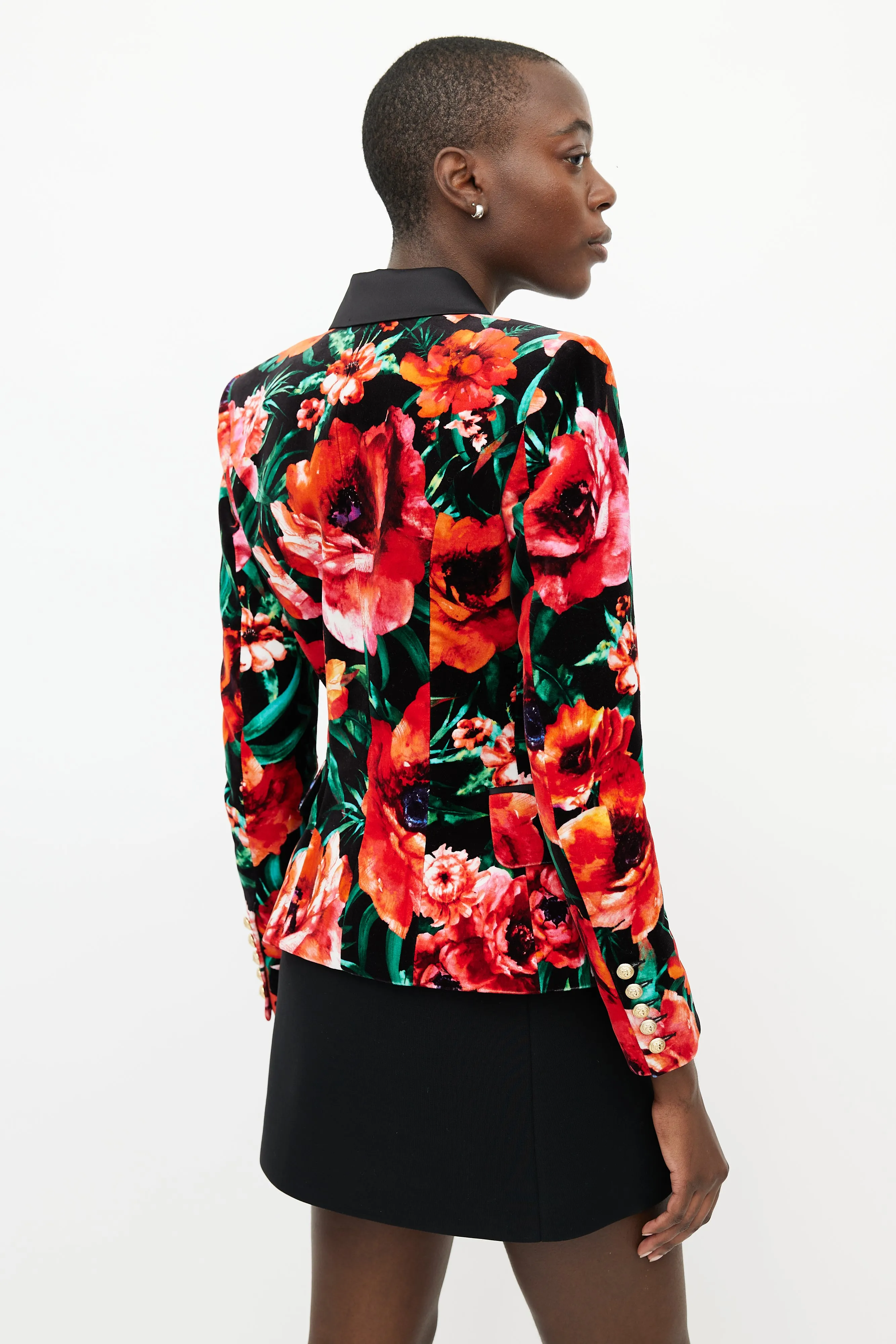 Black & Multicolour Floral Velvet Blazer