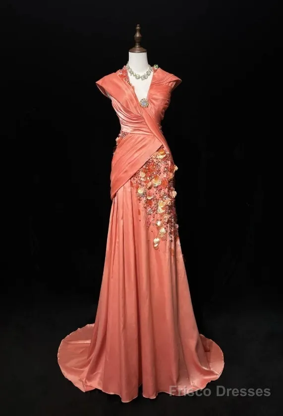 Bright Orange Mermaid V-Neck Satin Beaded Long Prom Dress Sequined Evening Gown