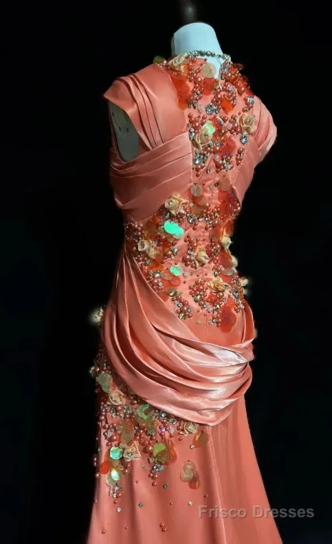 Bright Orange Mermaid V-Neck Satin Beaded Long Prom Dress Sequined Evening Gown