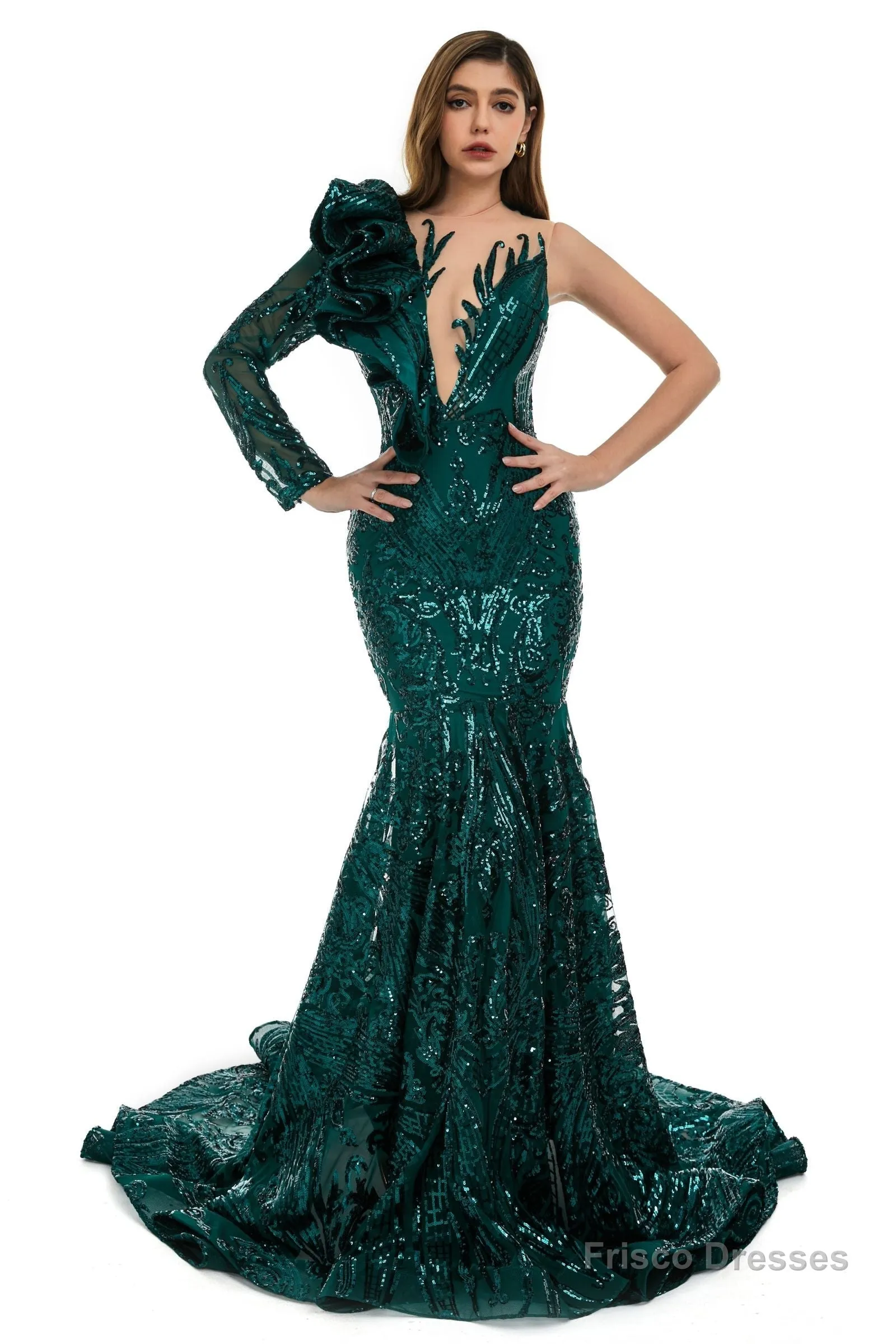 Burgundy Mermaid One Sleeve Prom Dresses Sequined Lace Jewel Ruffles Evening Party Dress with Appliques