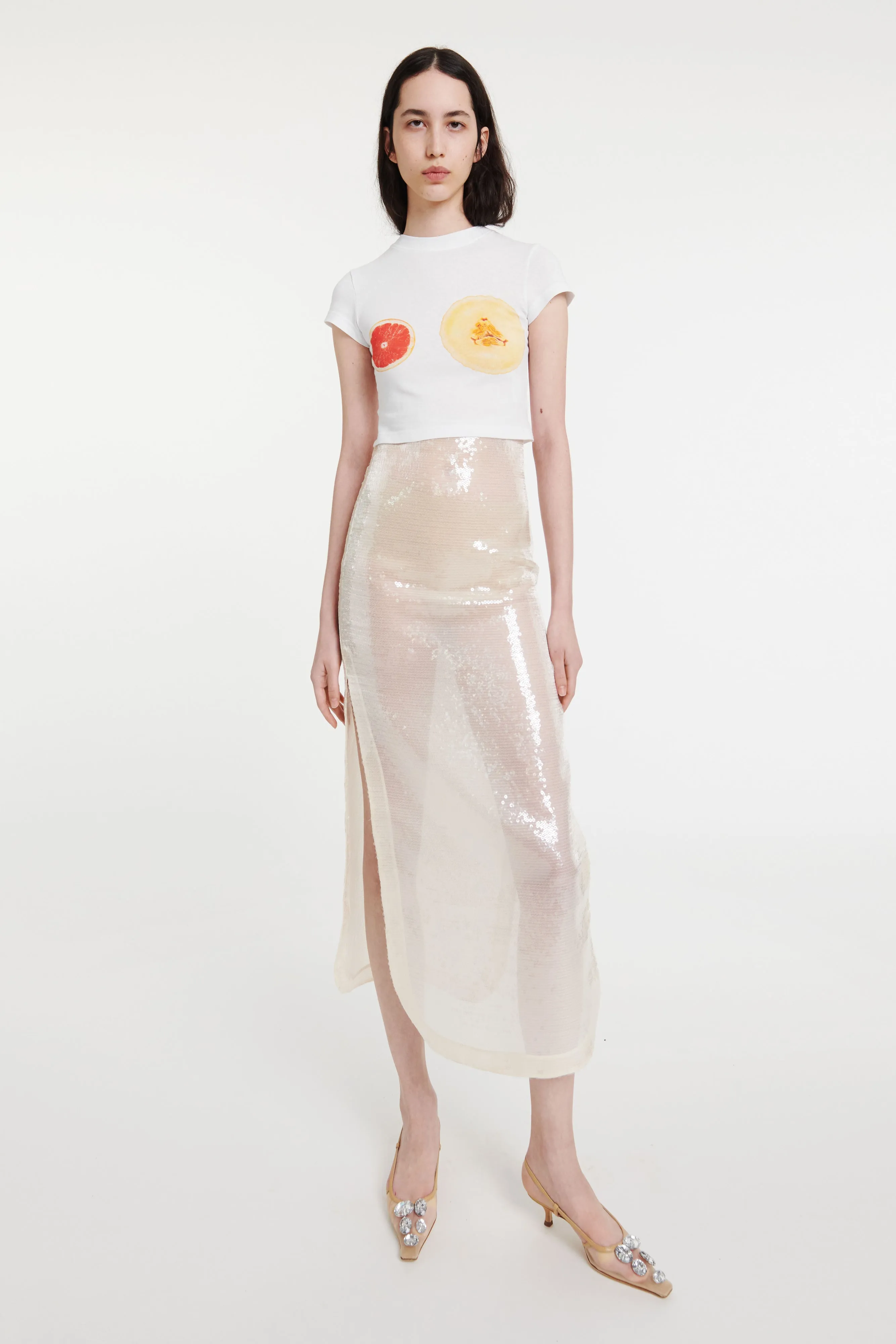Cropped Fitted T-shirt White With Fruit Print