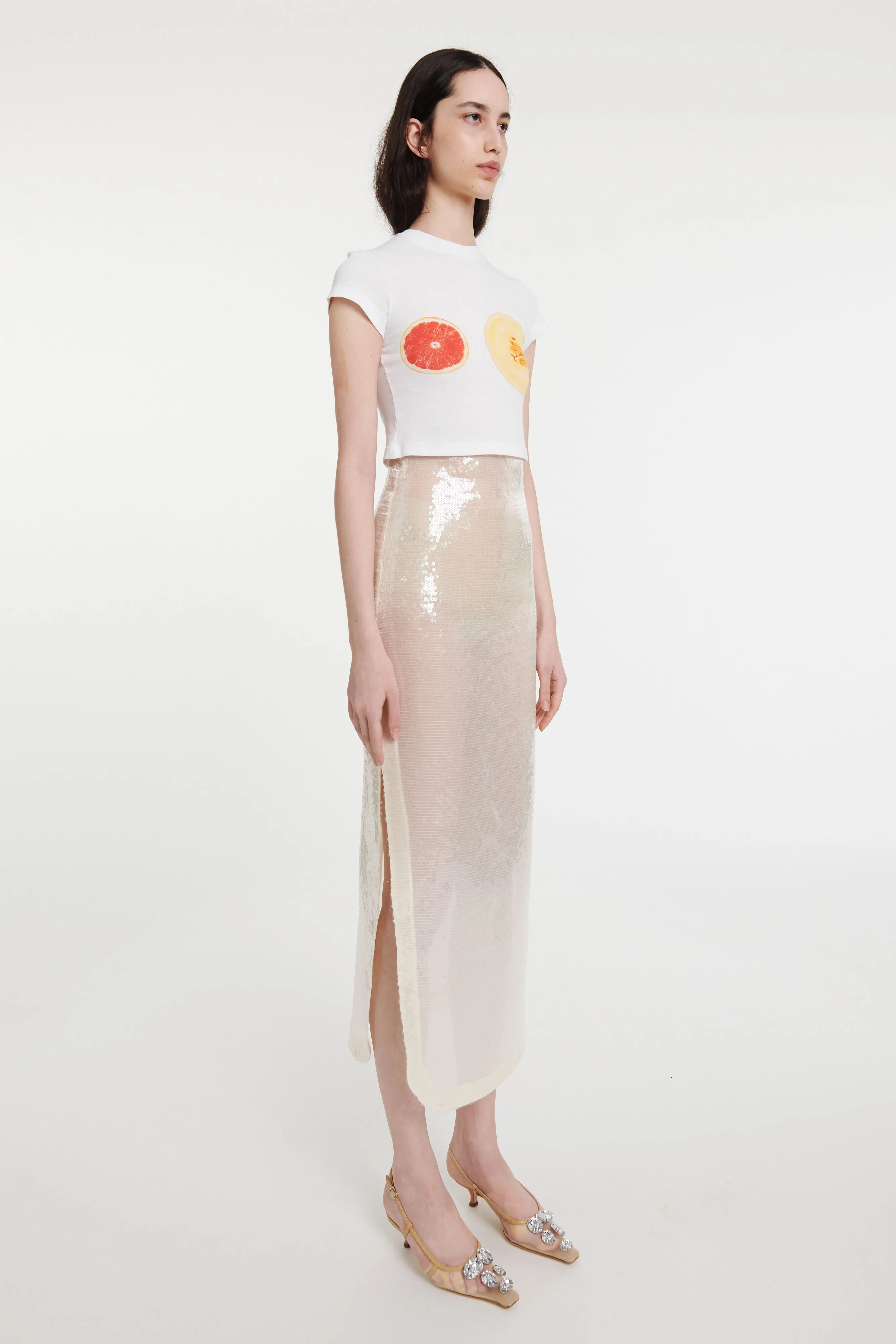 Cropped Fitted T-shirt White With Fruit Print