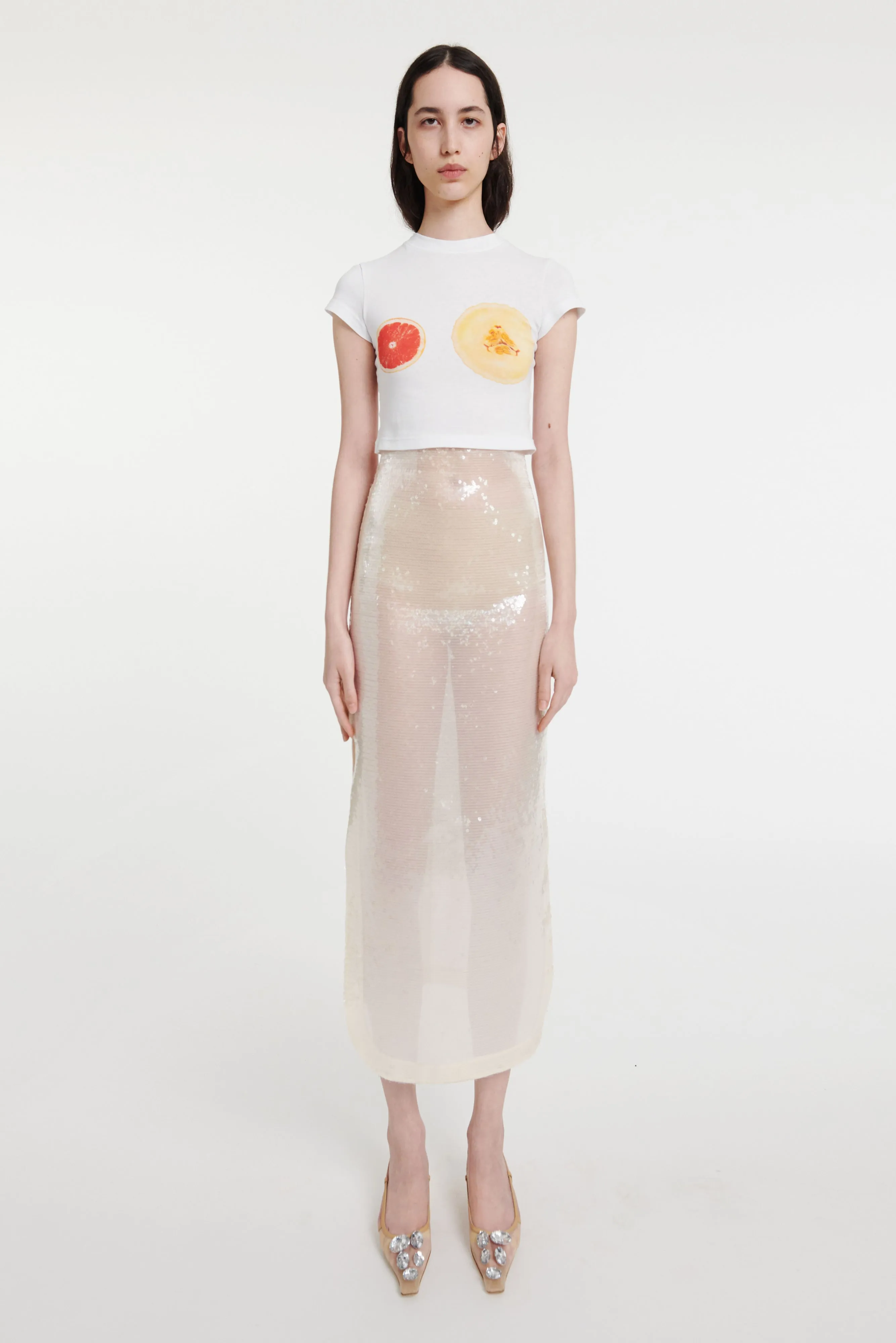Cropped Fitted T-shirt White With Fruit Print