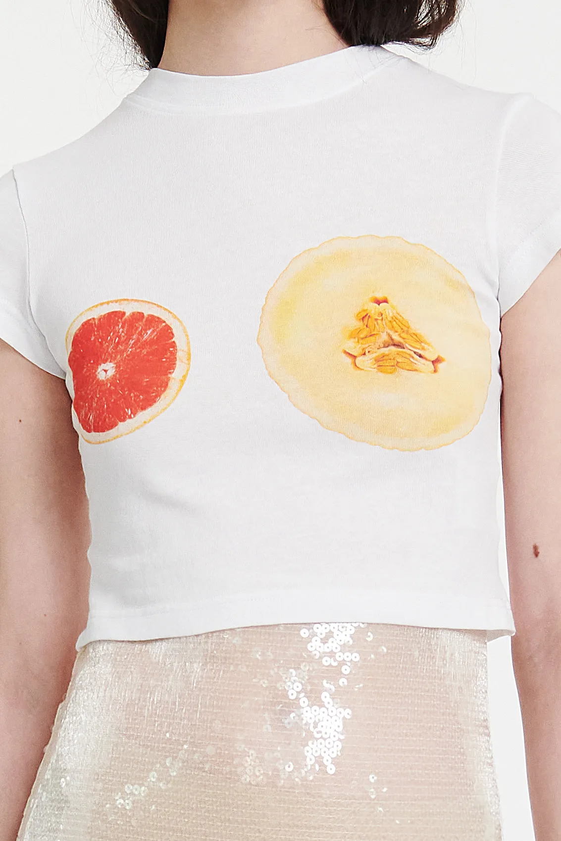 Cropped Fitted T-shirt White With Fruit Print