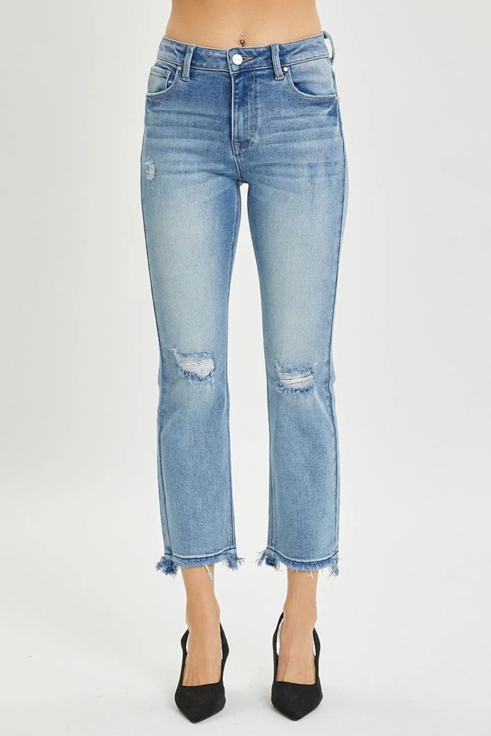 Cropped Straight Jeans RISEN High Rise Distressed Denim Pants