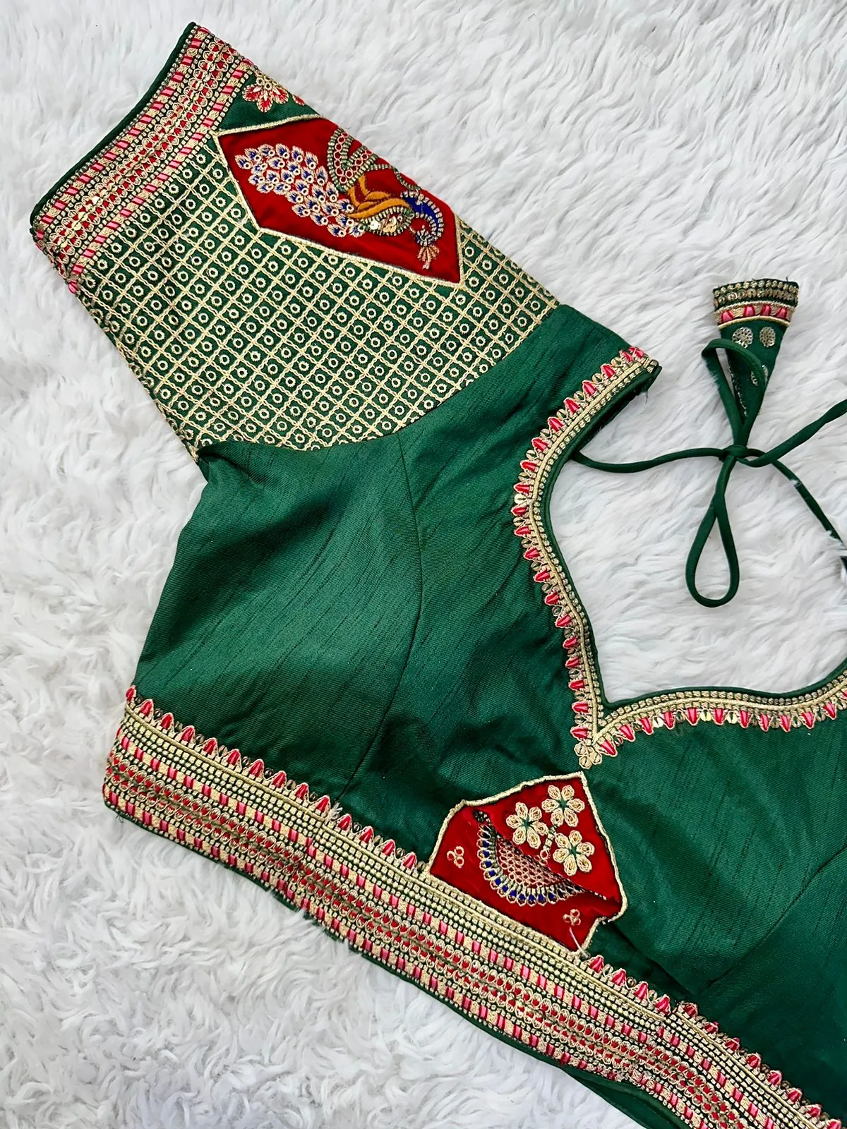 Green Handcrafted Sequined Blouse in Dilkush Silk
