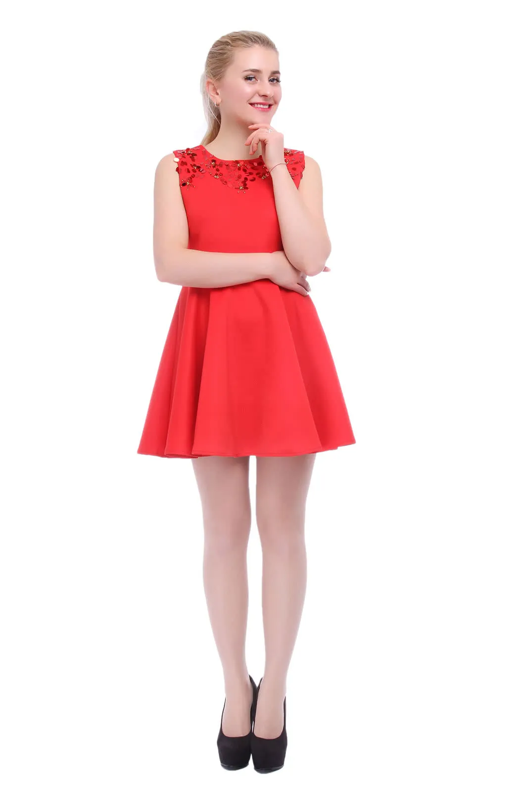 Sleeveless Sequined Round Collar Mini Dress