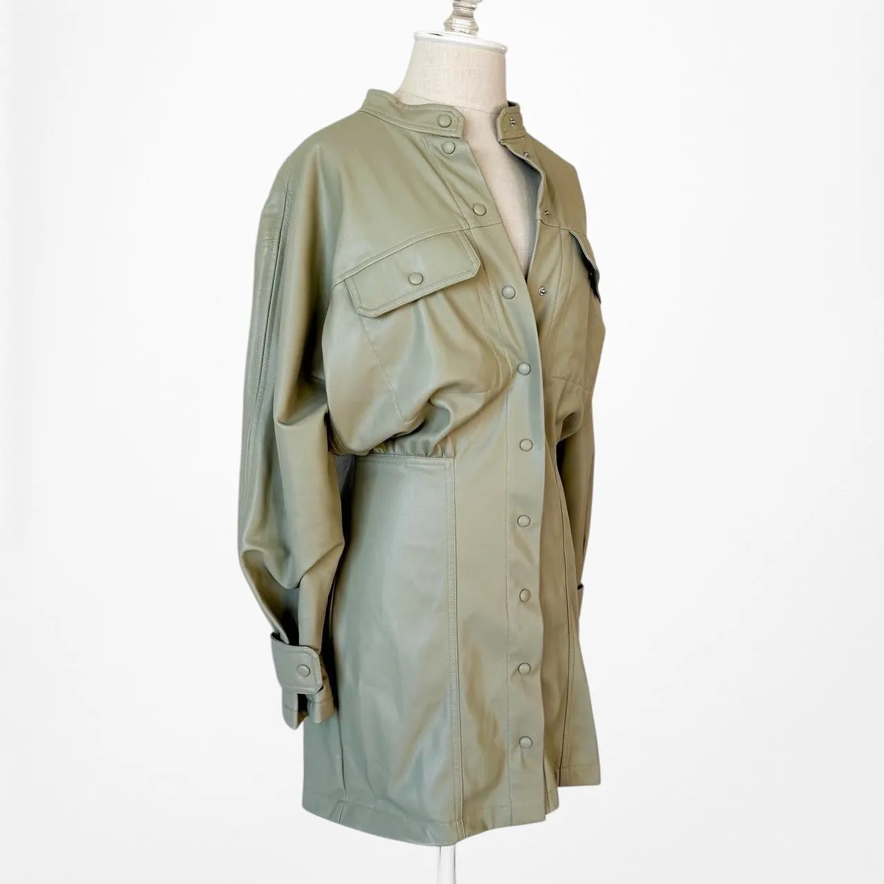 Zara Green Long Sleeve Faux Leather Utility Cargo Style Mini Dress Size S