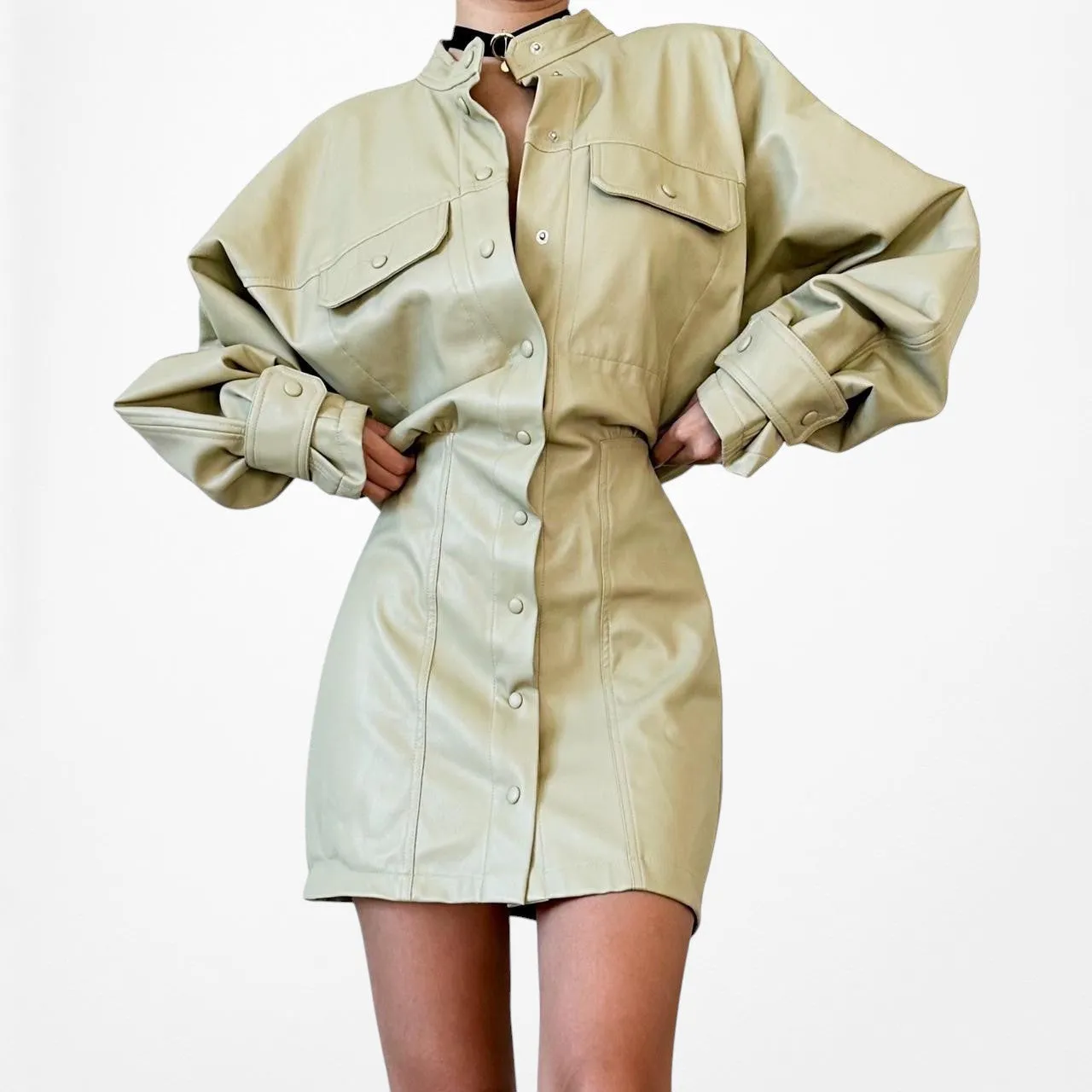 Zara Green Long Sleeve Faux Leather Utility Cargo Style Mini Dress Size S